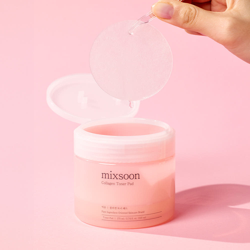 Collagen toner pad jar open with circular pad held above the jar