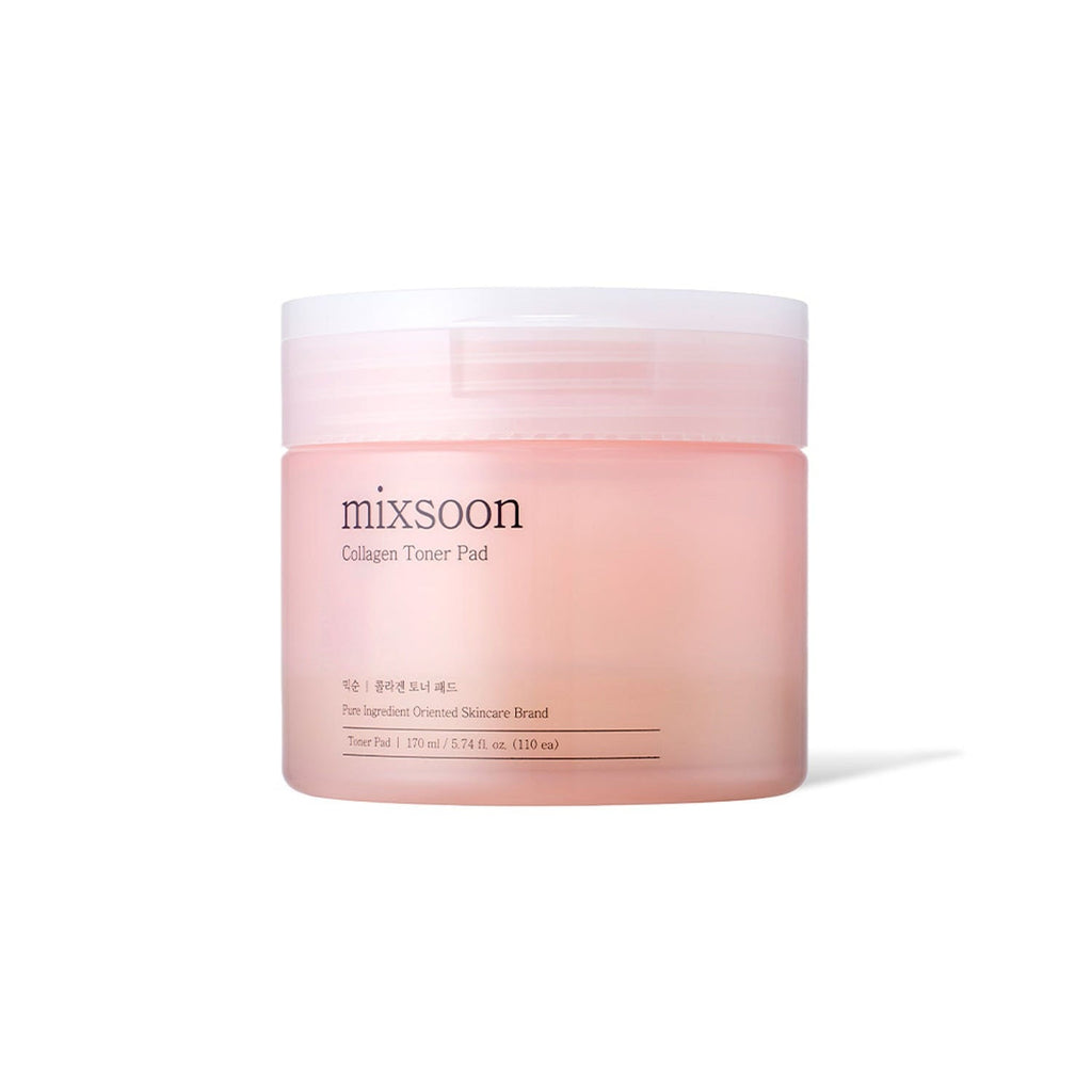 Collagen Toner Pad jar with mixsoon label on a pink tinted container
