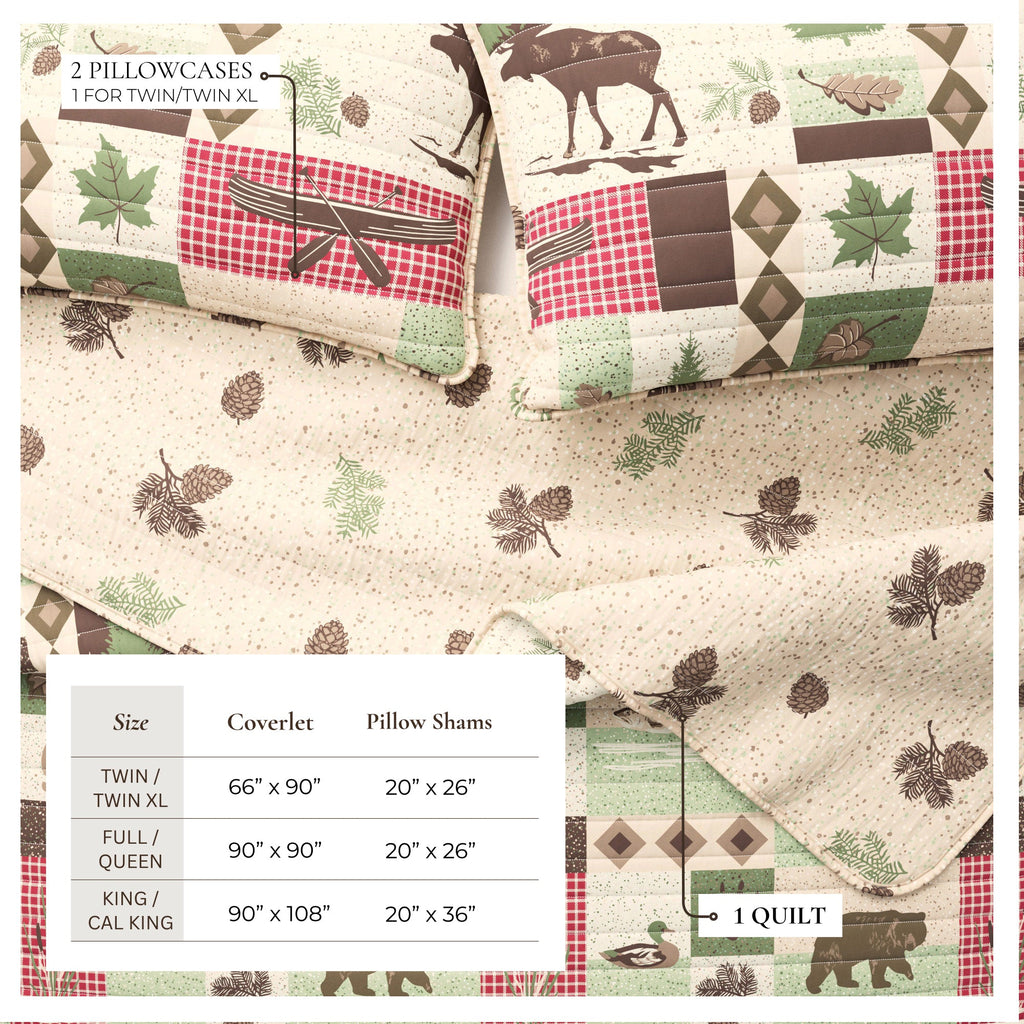 Lodge patchwork quilt with matching pillow shams featuring animal print and plaid