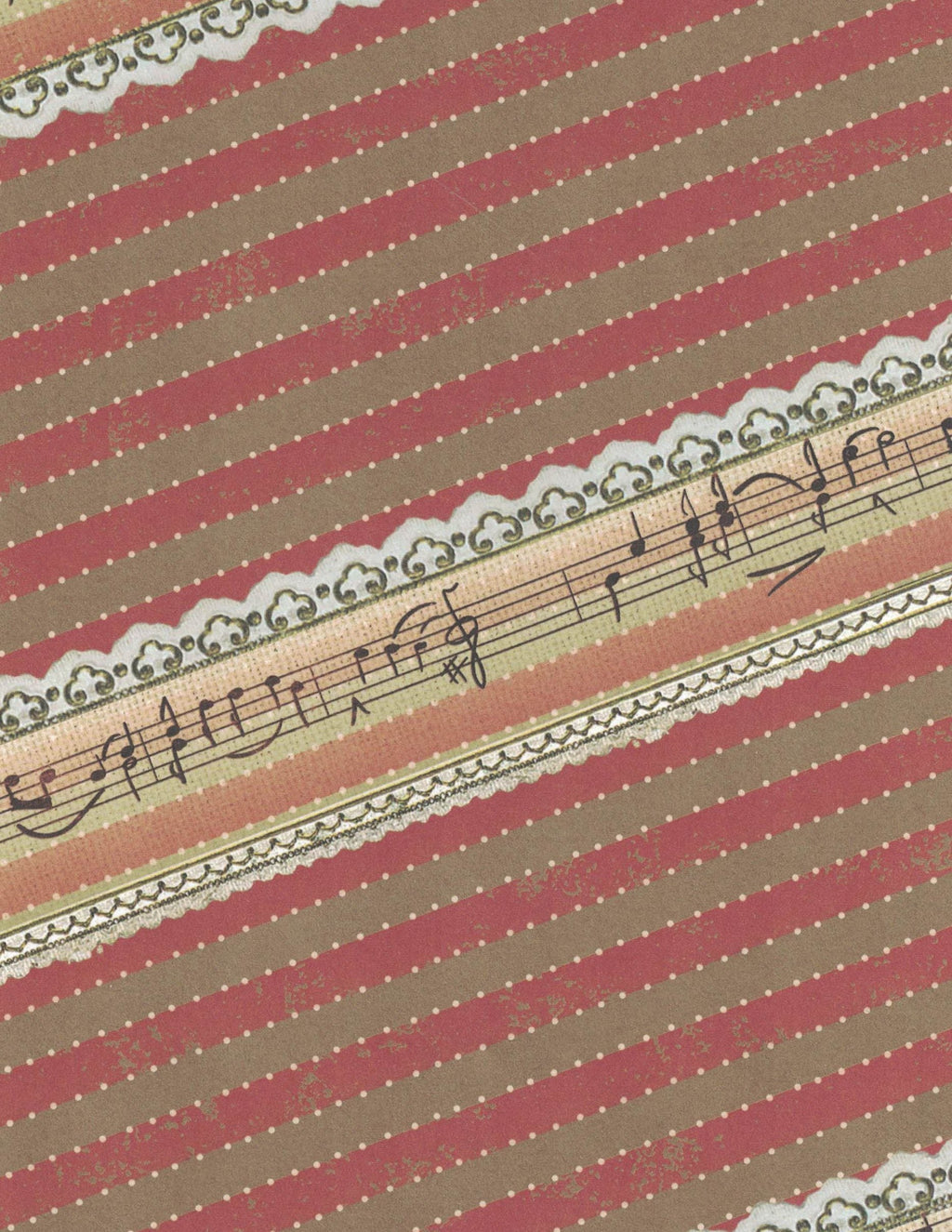 Christmas wrapping paper sheet with red-and-beige stripes, music-note bands, and trim