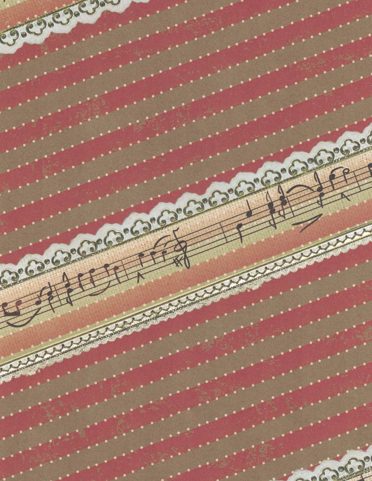 Christmas wrapping paper sheet with red-and-beige stripes, music-note bands, and trim