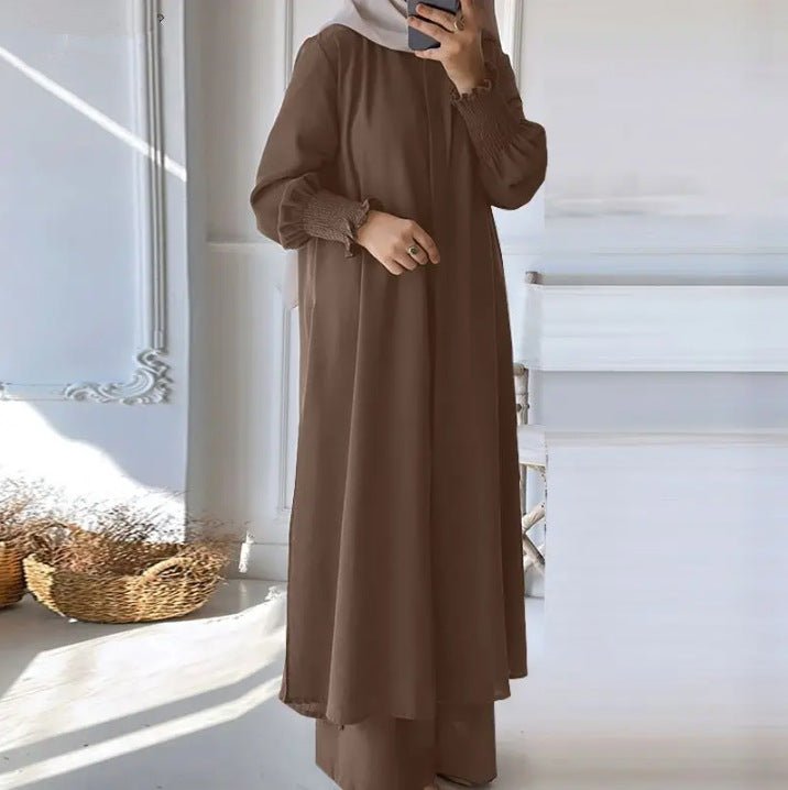 Coffee long-sleeve button-front shirt and loose long pants set, draped silhouette