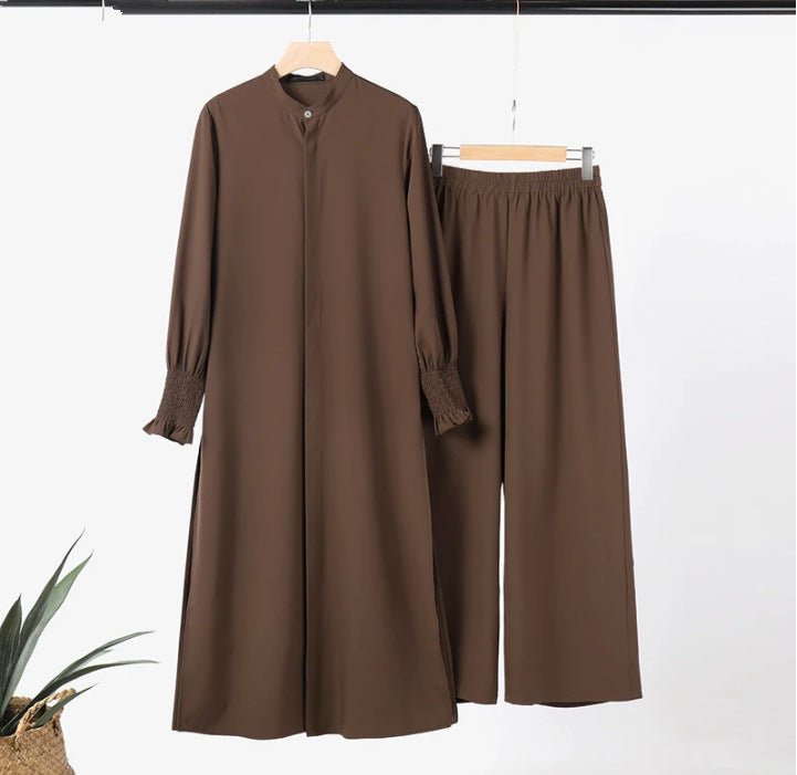 Coffee long-sleeve button-front shirt with loose long pants, set shown on hangers