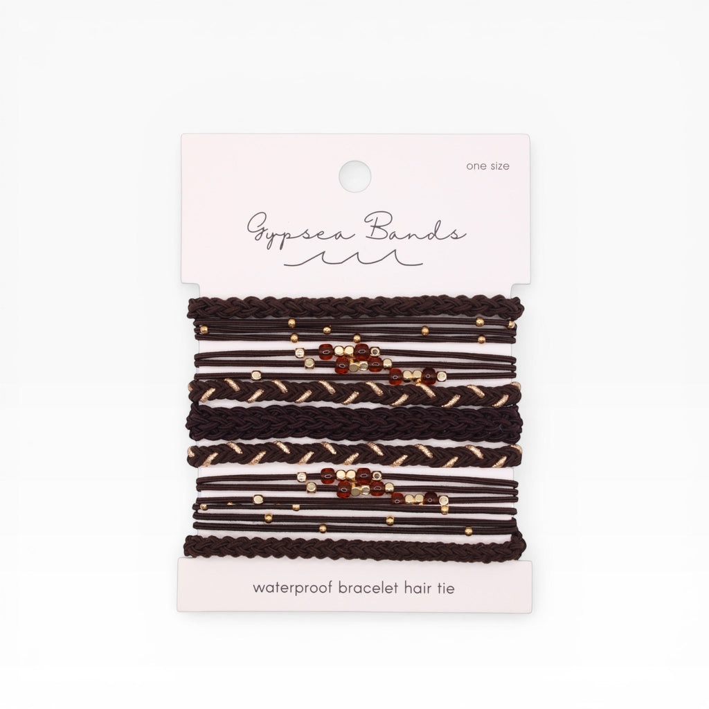 Dark brown braided hair tie bracelets with gold-tone beads, one-size set