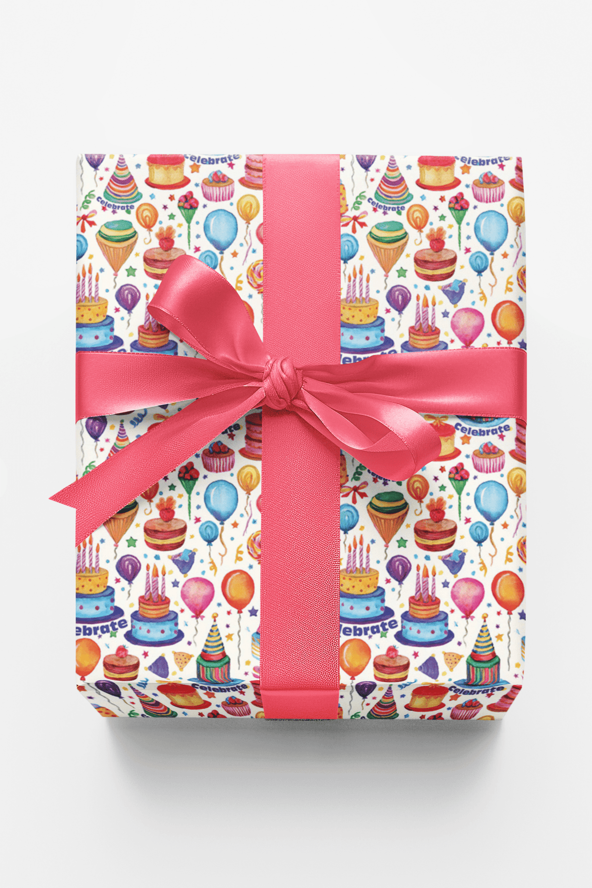 Birthday gift wrap sheet with colorful cake and balloon pattern, pink bow and ribbon