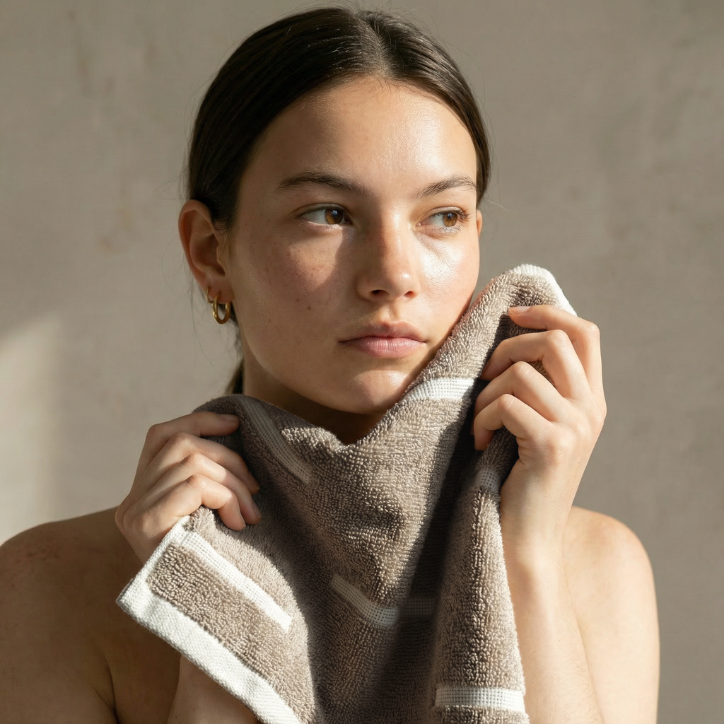 Beige cotton towel with light stripe border held to cheek