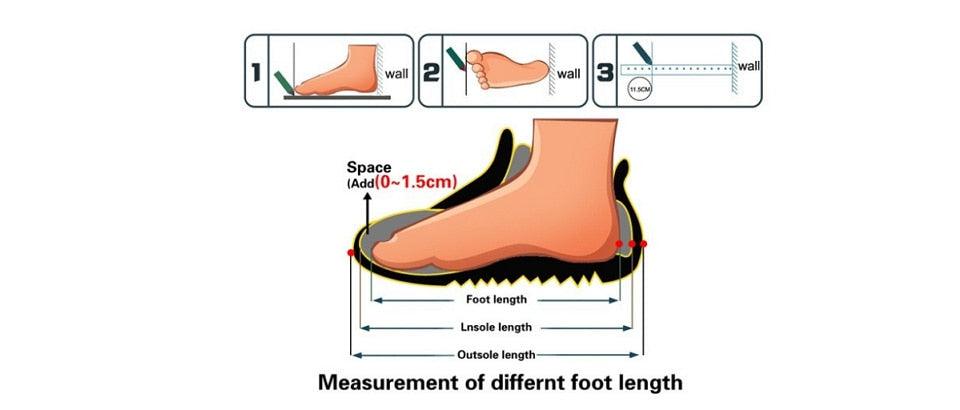 Foot measurement diagram showing instep space plus foot length and outsole length