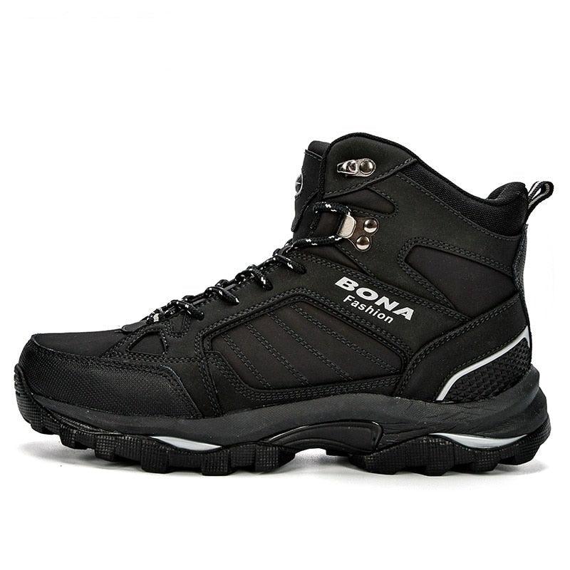 Men's black high-top boots with lace-up front, padded collar, and side logo