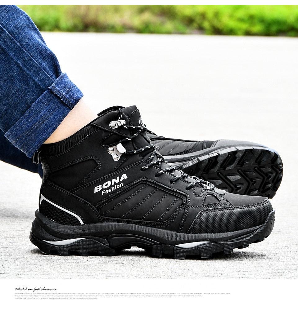 Men's black lace-up hiking boots with padded tongue and rugged rubber outsole