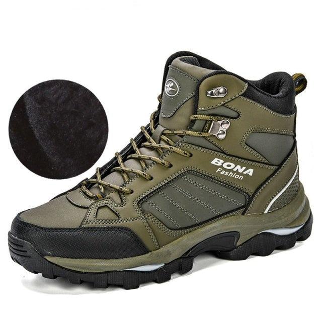 Men’s olive lace-up winter boots with padded collar, BONA logo, and rubber tread sole