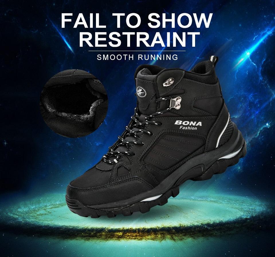 Men’s black lace-up winter boots with padded collar, BONA branding, and rubber outsole