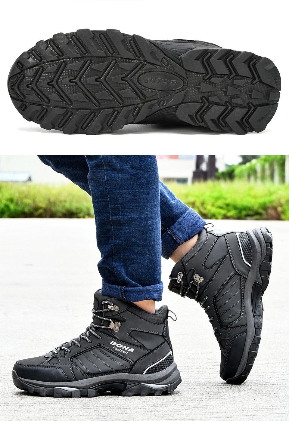Men’s black lace-up winter boots with deep tread outsole and side view on pavement