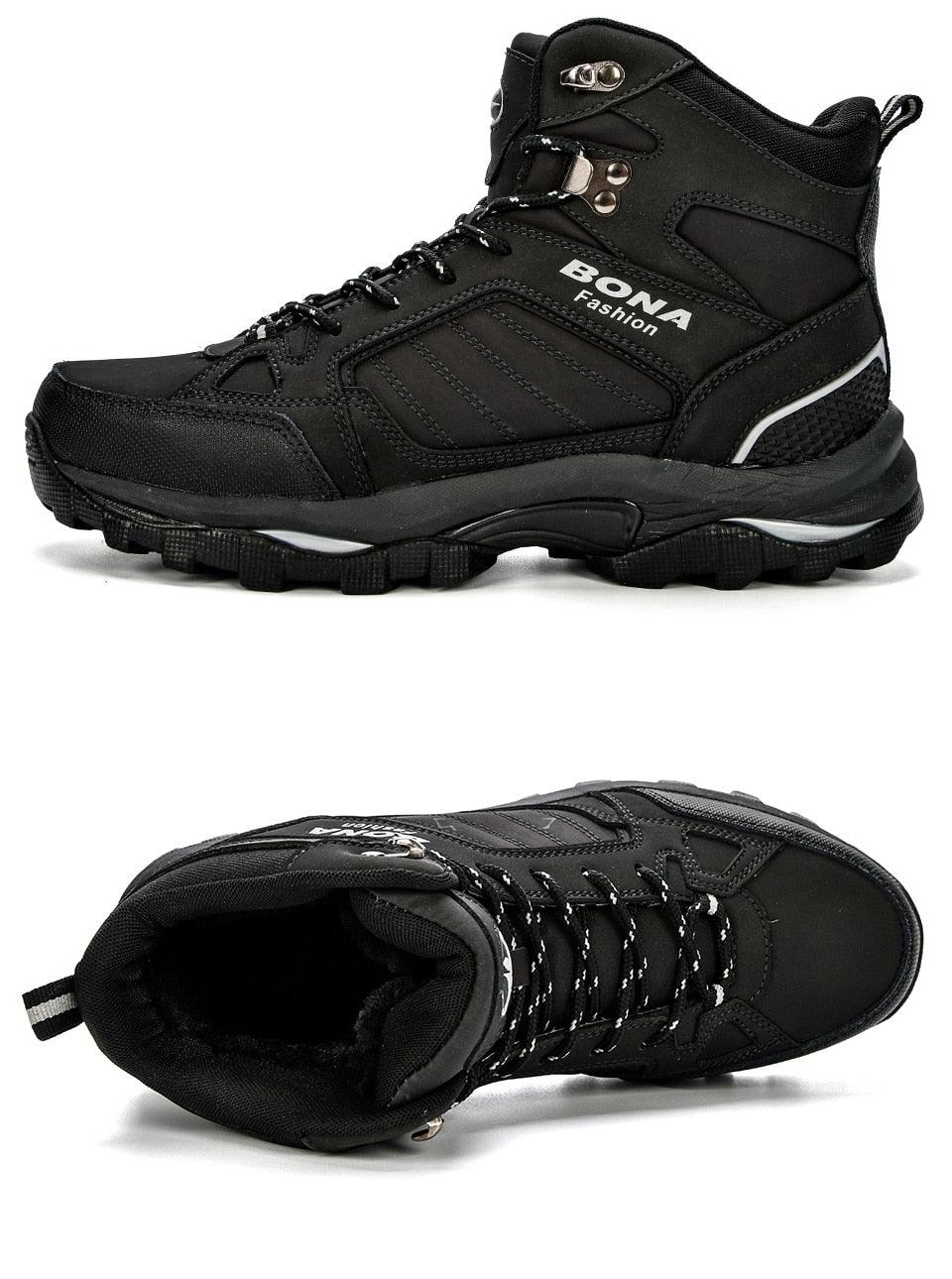 Men’s black high-top lace-up winter boots with padded collar and side cutout view