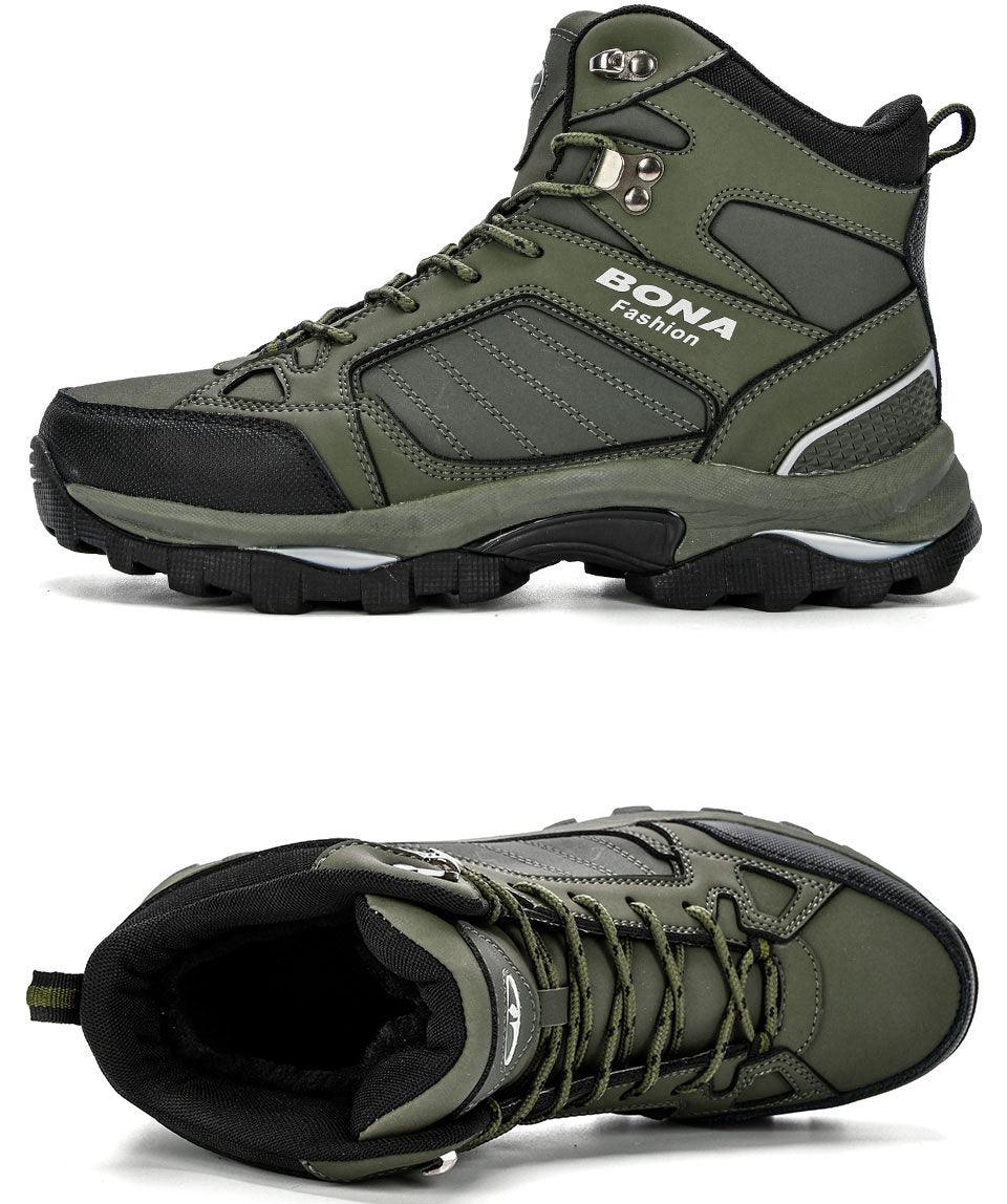 Men's mid-top lace-up boots, olive green leather-look, padded collar, rugged tread