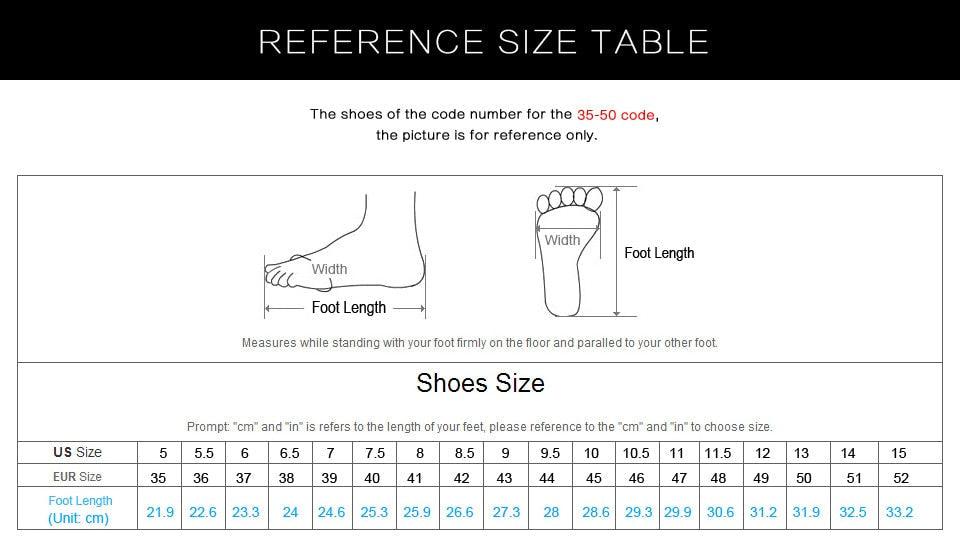 Shoes size reference table with foot length and width measurements