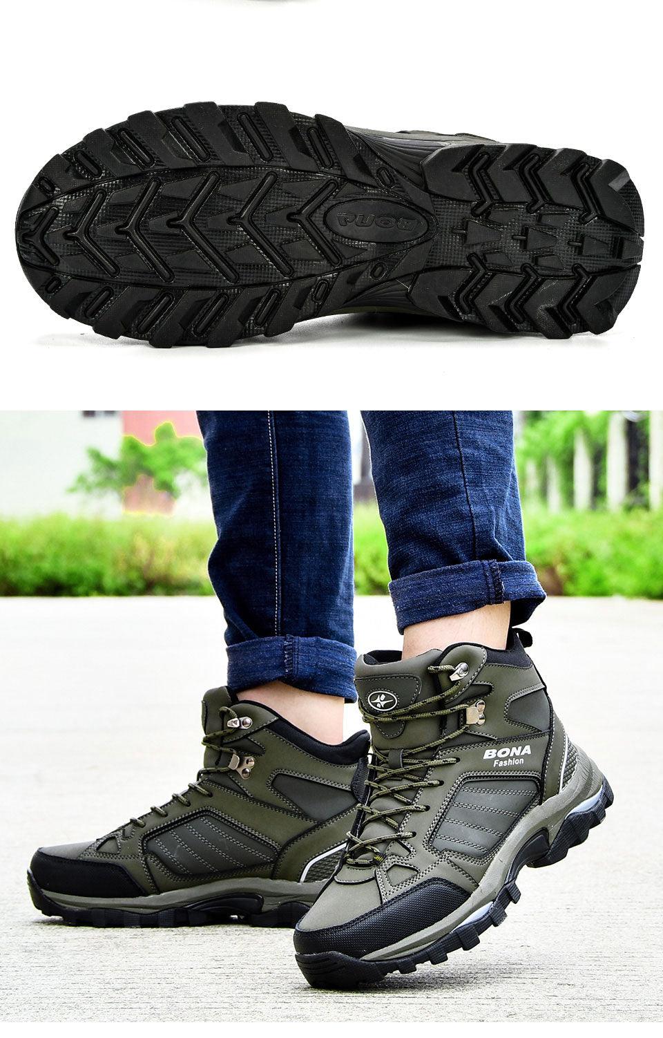 Men's dark green hiking boots shown with outsole tread and lace closure