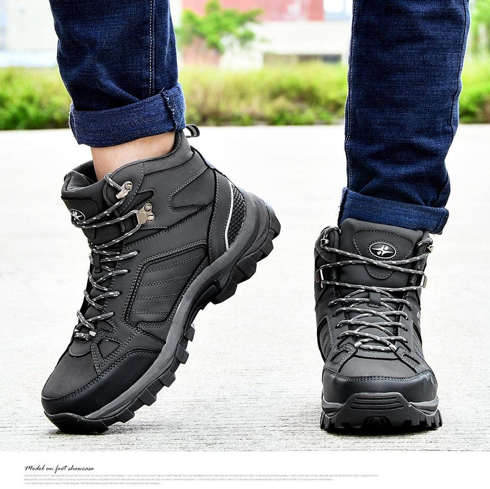 Men's lace-up mid-top boots, dark gray leather-look, side strap, rugged tread outsole