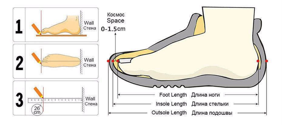 High-top boot size chart diagram showing foot length and outsole length measurements