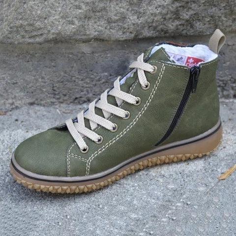 Olive green high-top ankle boot with lace-up front, side zipper, plush lining, textured sole
