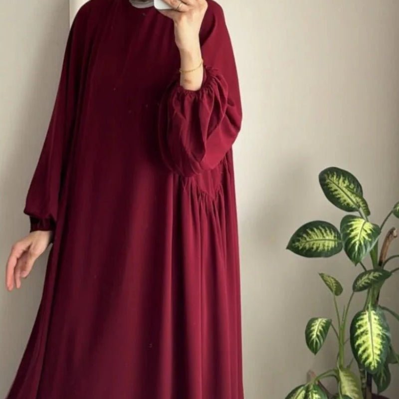 Burgundy pullover abaya with lantern sleeves and ruched cuff detailing