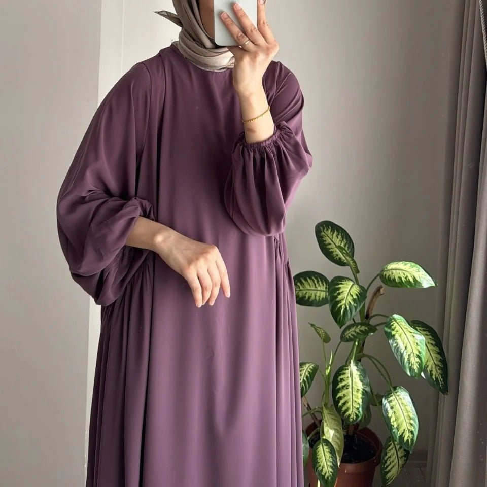Purple pullover abaya with lantern sleeves and flowy gathered chest yoke