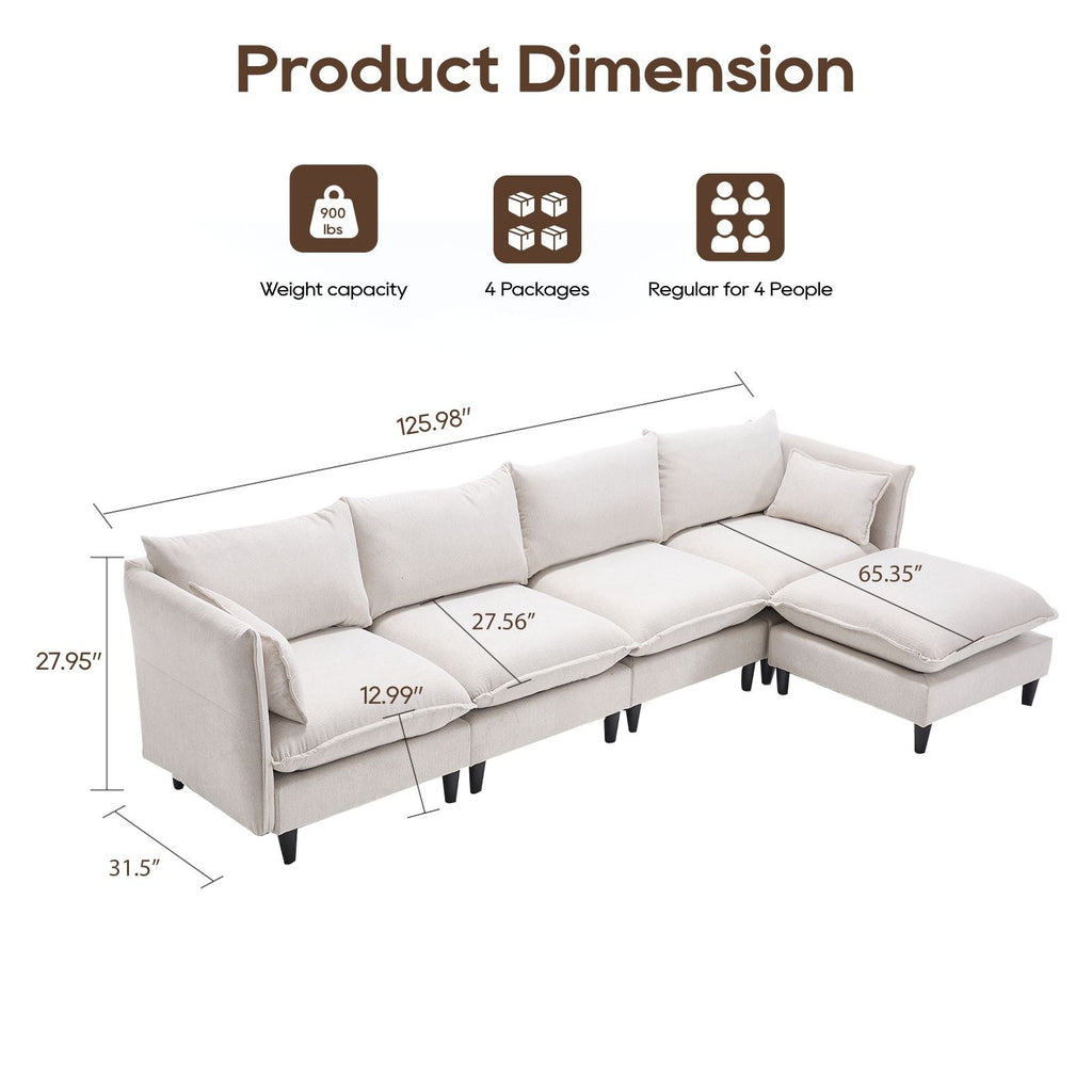 Beige L-shaped sectional sofa layout with measurement diagram and four-seat capacity