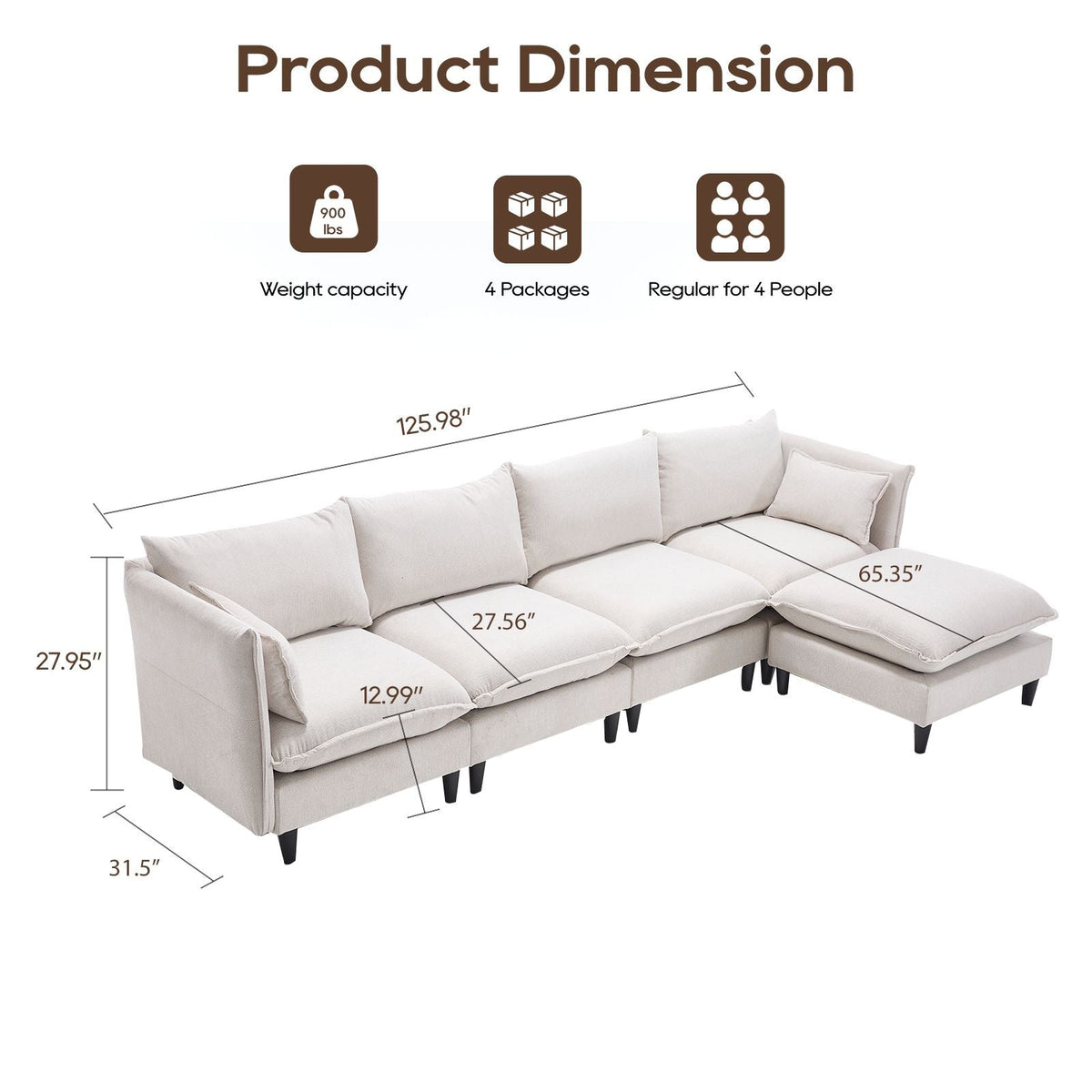 Beige L-shaped sectional sofa layout with measurement diagram and four-seat capacity