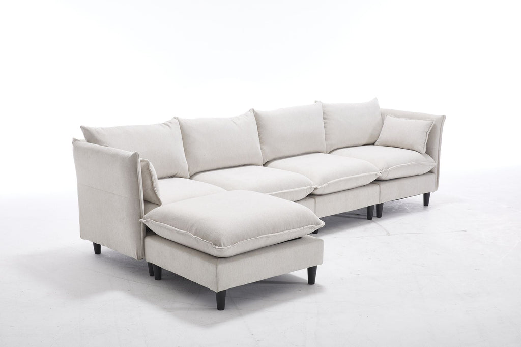 Beige L-shaped sectional sofa with chaise ottoman, three seat cushions, throw pillows
