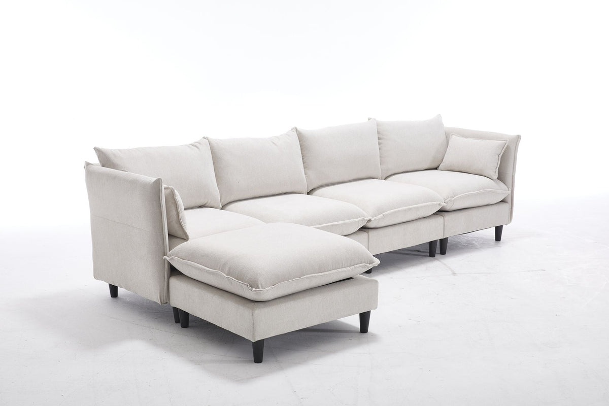 Beige L-shaped sectional sofa with chaise ottoman, three seat cushions, throw pillows