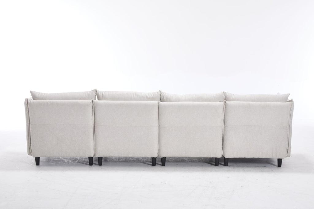 Beige modular sectional sofa with four connected backrest panels