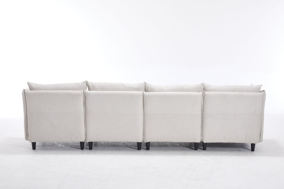 Beige modular sectional sofa with four connected backrest panels
