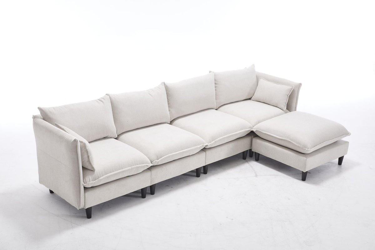 Beige L-shaped modular sectional sofa with chaise ottoman and four seat cushions