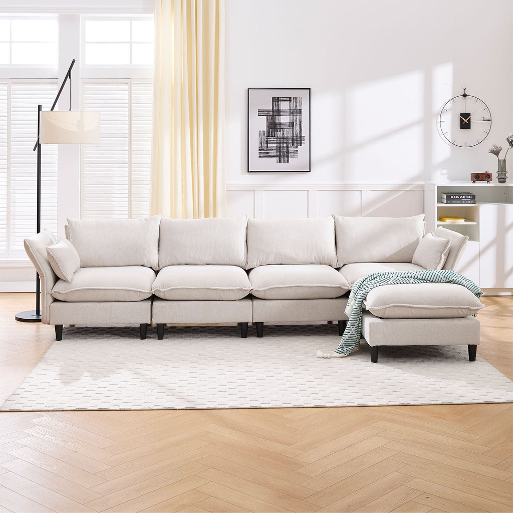 Beige L-shaped modular sectional sofa set with chaise ottoman and back cushions