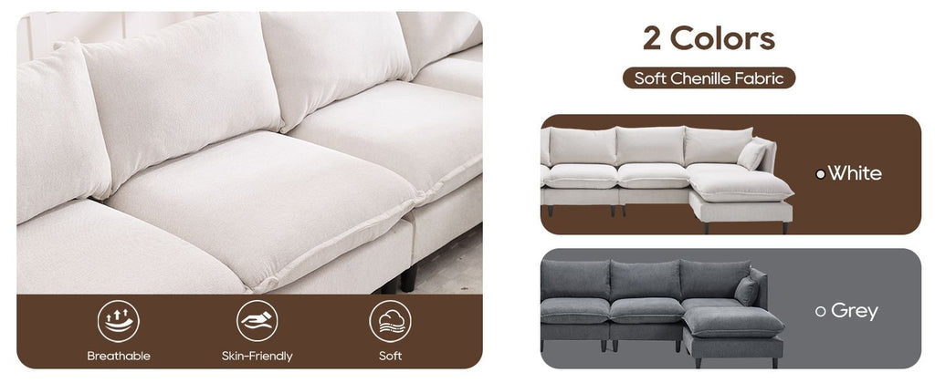Beige sectional sofa set with soft chenille fabric and thick, rounded seat cushions