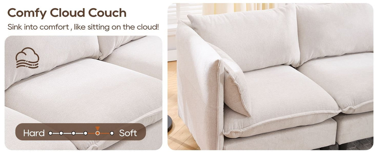 Beige cloud-style sectional sofa with deep cushioned seat and padded rounded armrests