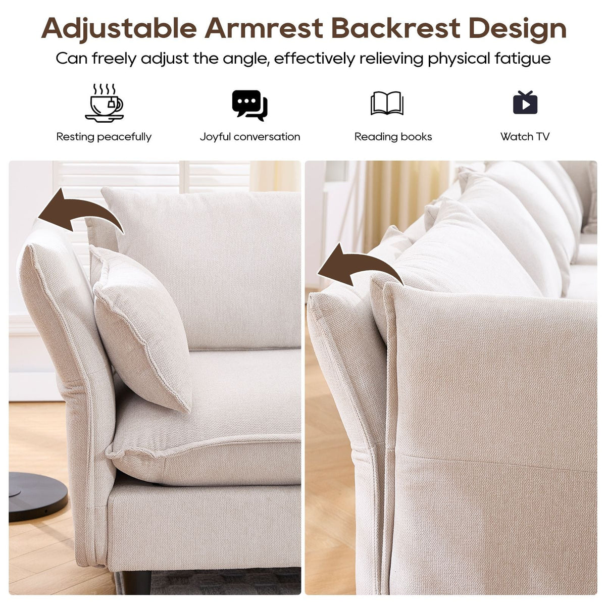 Beige sectional sofa with adjustable armrest backrest angle design