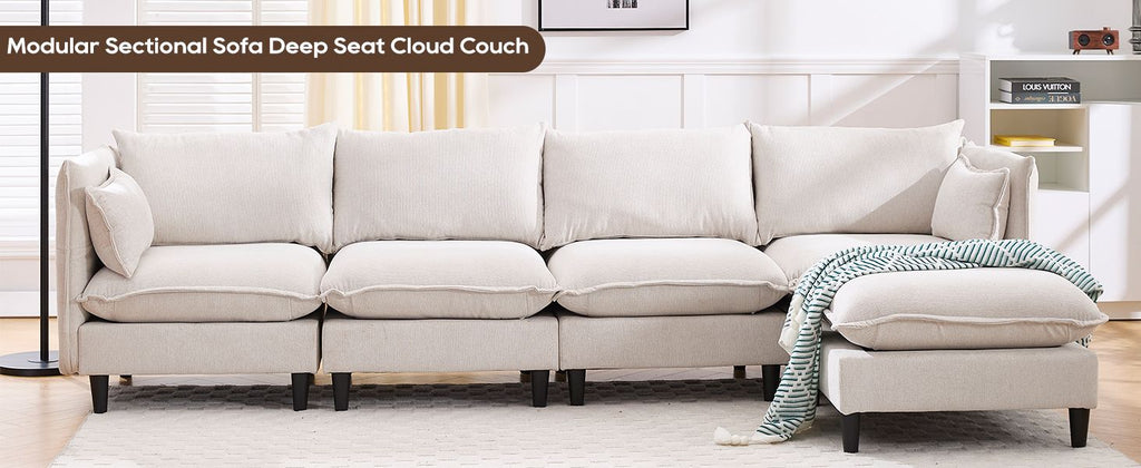 Beige L-shaped modular sectional sofa with matching movable ottoman and plush cushions