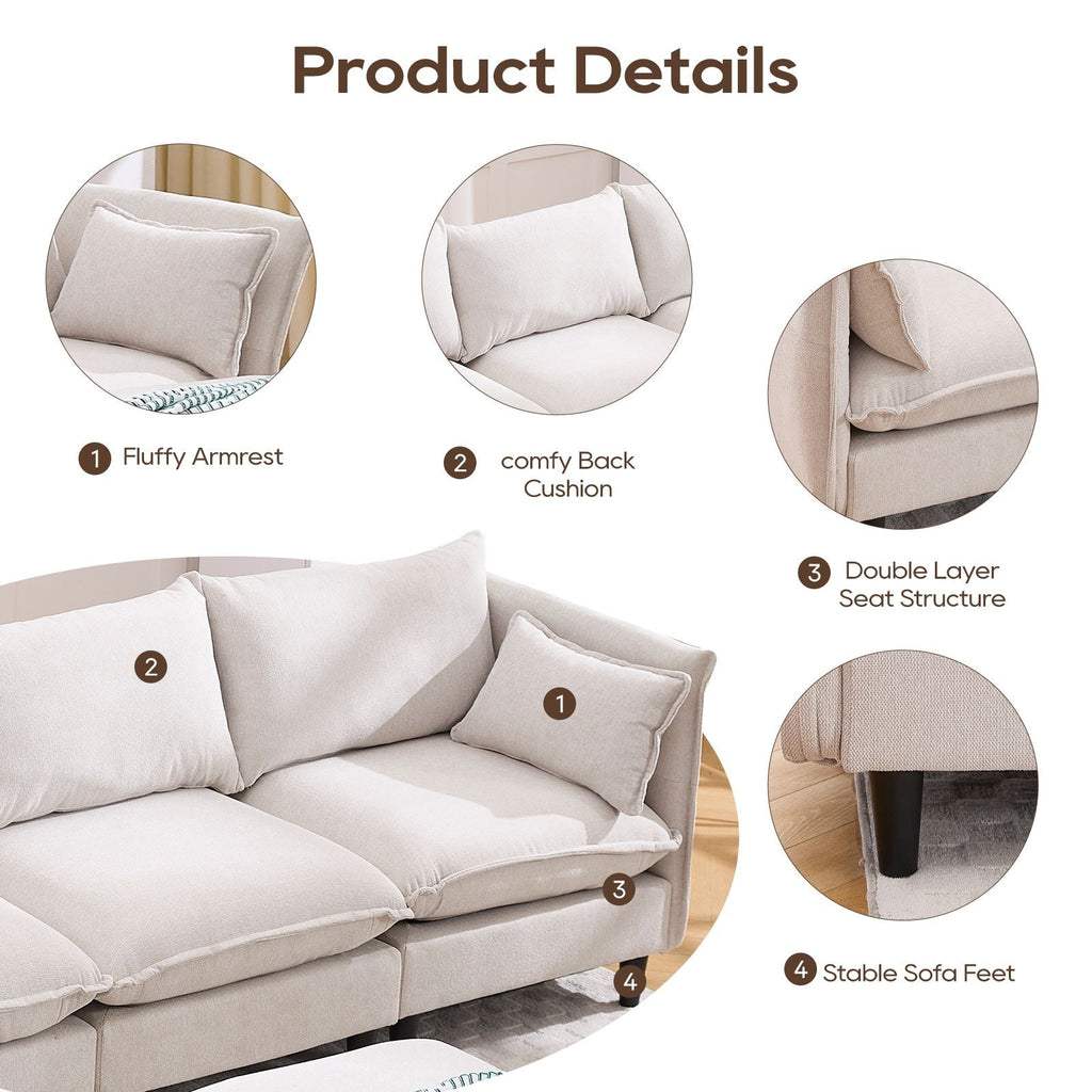 Beige sectional sofa with fluffy armrest, comfy back cushion, double-layer seat structure