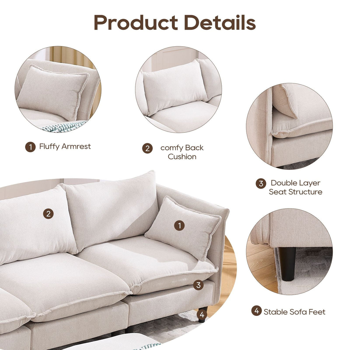Beige sectional sofa with fluffy armrest, comfy back cushion, double-layer seat structure