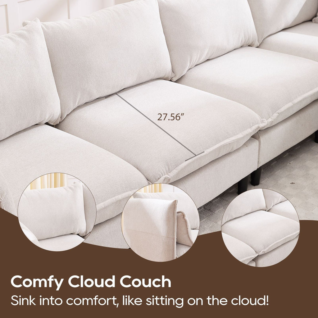 Beige sectional sofa chaise seat cushion with stitched seams and measured cushion length