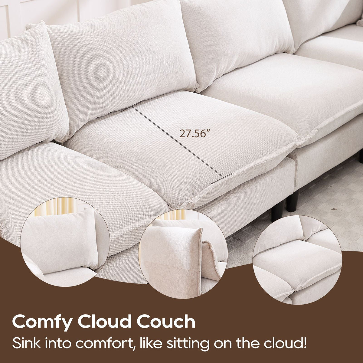 Beige sectional sofa chaise seat cushion with stitched seams and measured cushion length