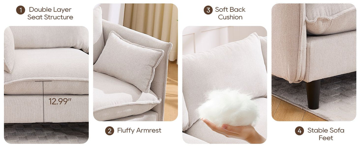 Beige sectional sofa close-up showing layered seat, fluffy armrest, and stable sofa feet