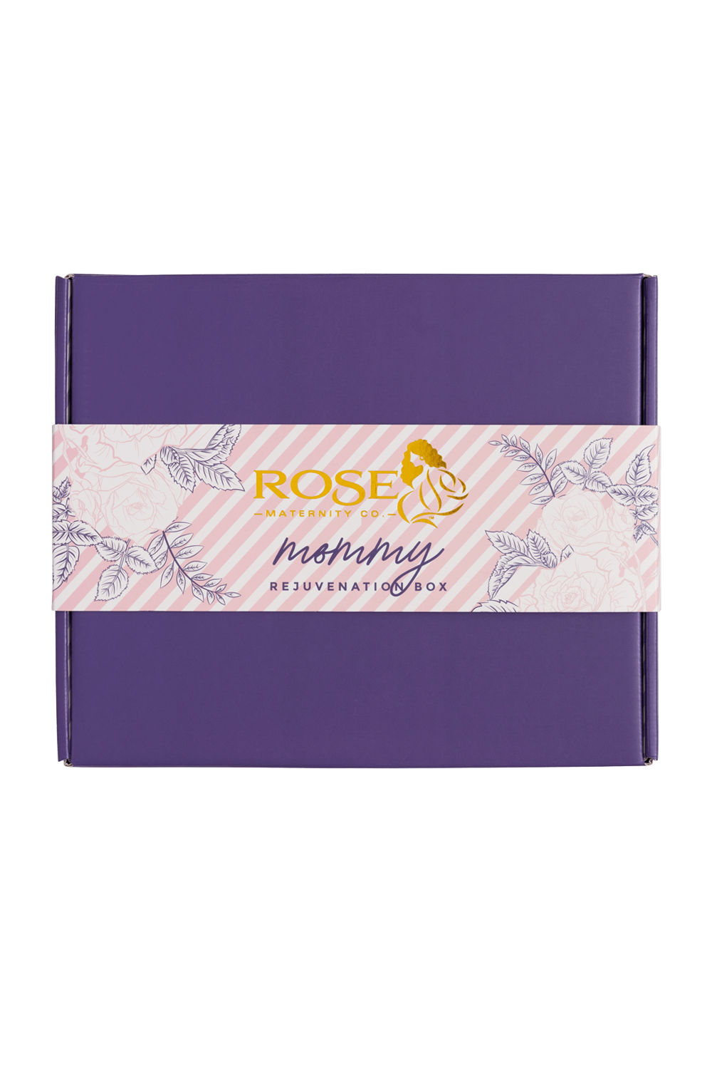RoseRelief™ recovery gift set box, purple outer with striped floral label