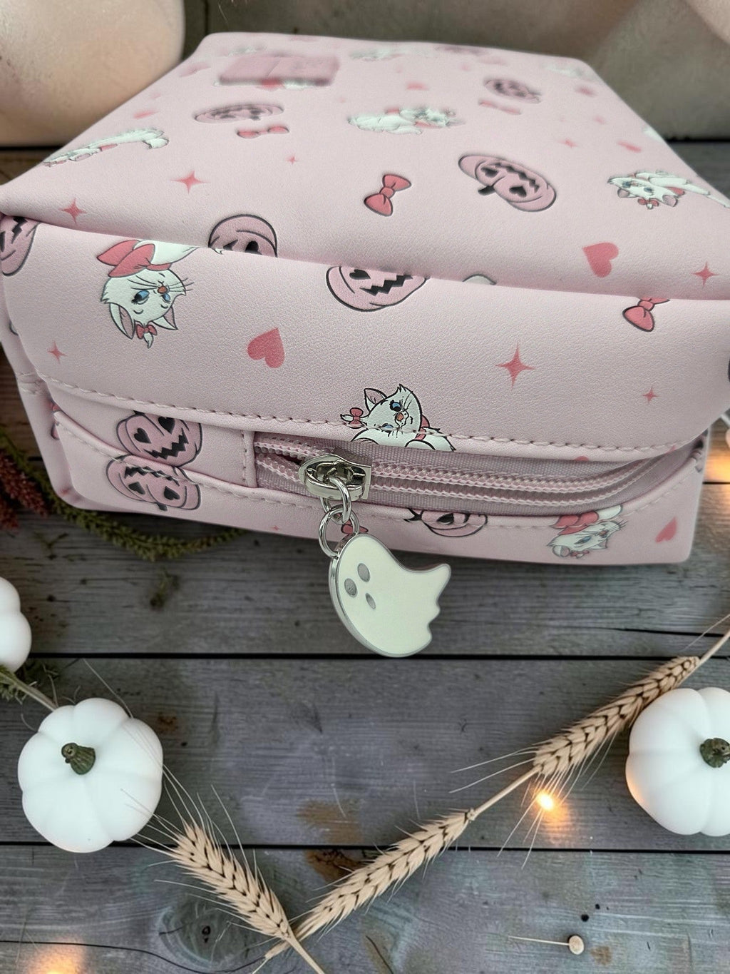 Disney Marie Halloween cosmetic travel pouch, pink with zipper and ghost charm