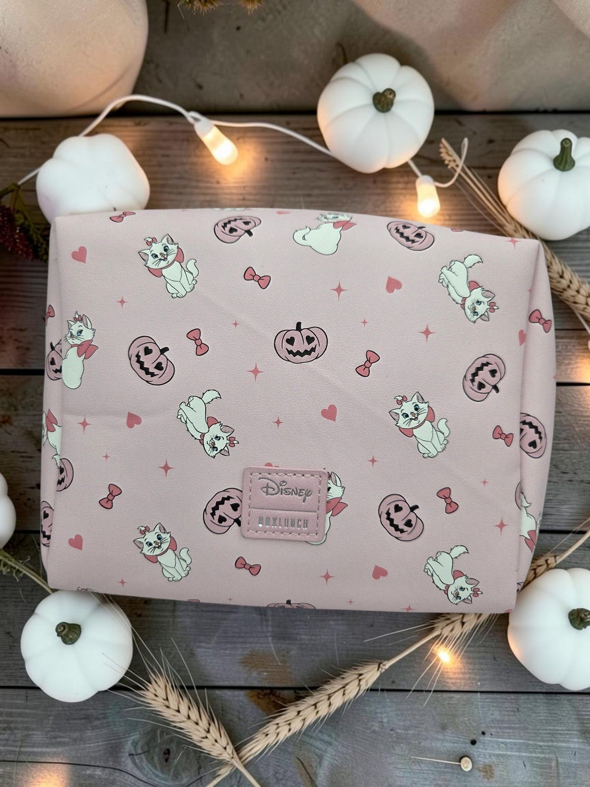 Disney Marie Halloween cosmetic travel pouch, pink pattern with logo tag