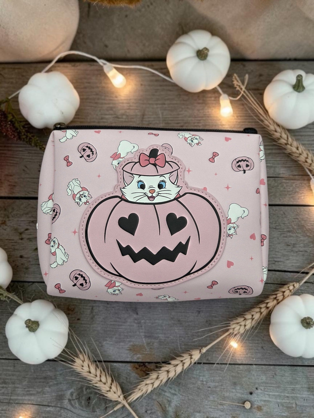 Disney Marie Halloween cosmetic travel pouch, pink print with jack-o-lantern cat