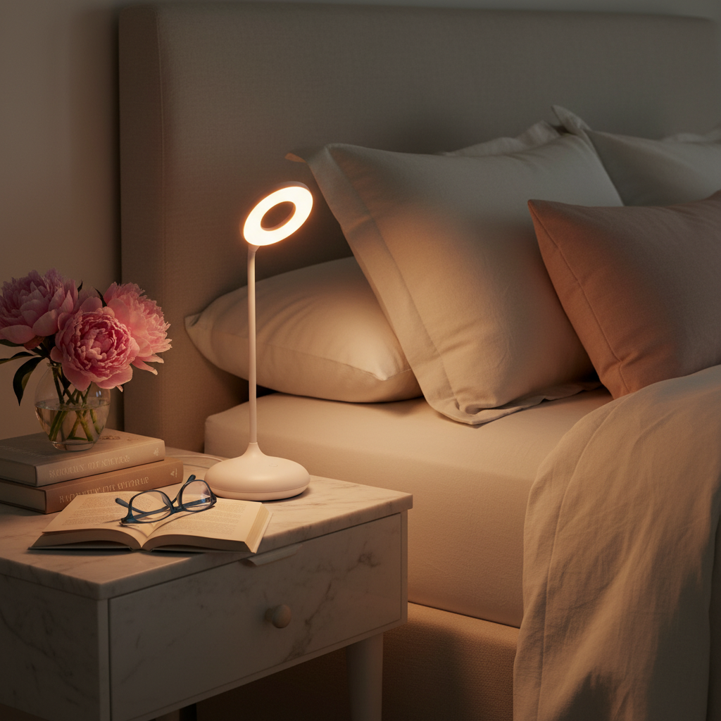 Bedside table lamp with white curved stand and glowing circular top