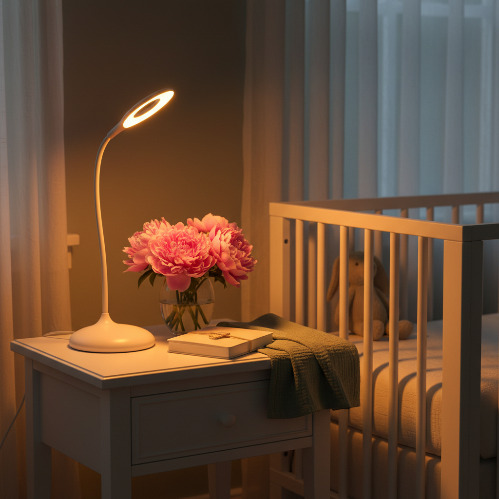 Curved bedside table lamp with warm amber light and white base