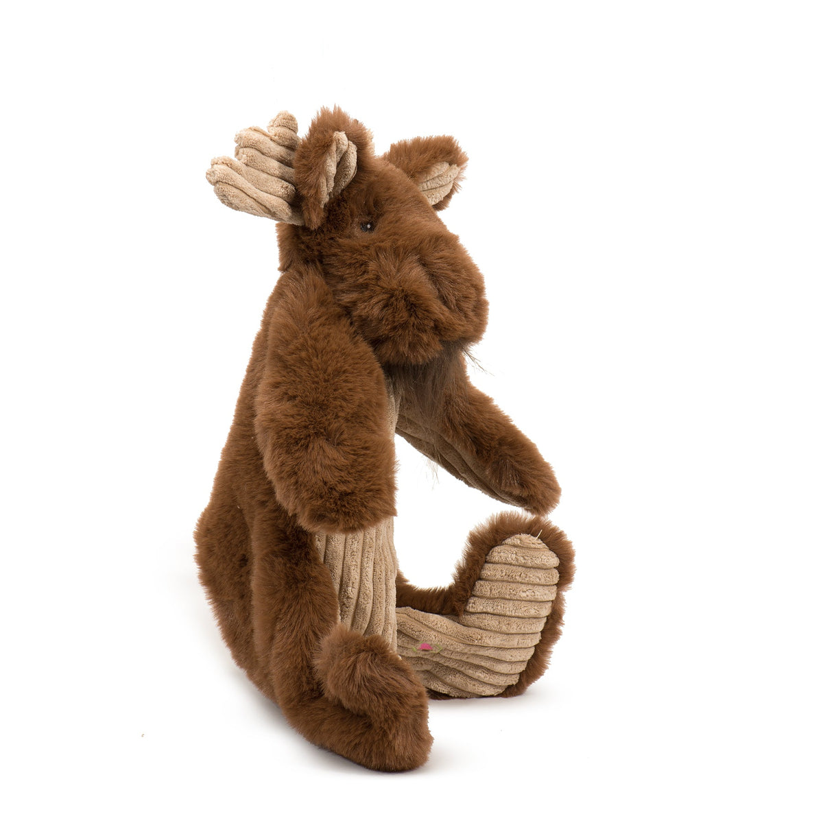 Maple Moose X-Brace plush dog toy, brown moose with cream striped fabric panel