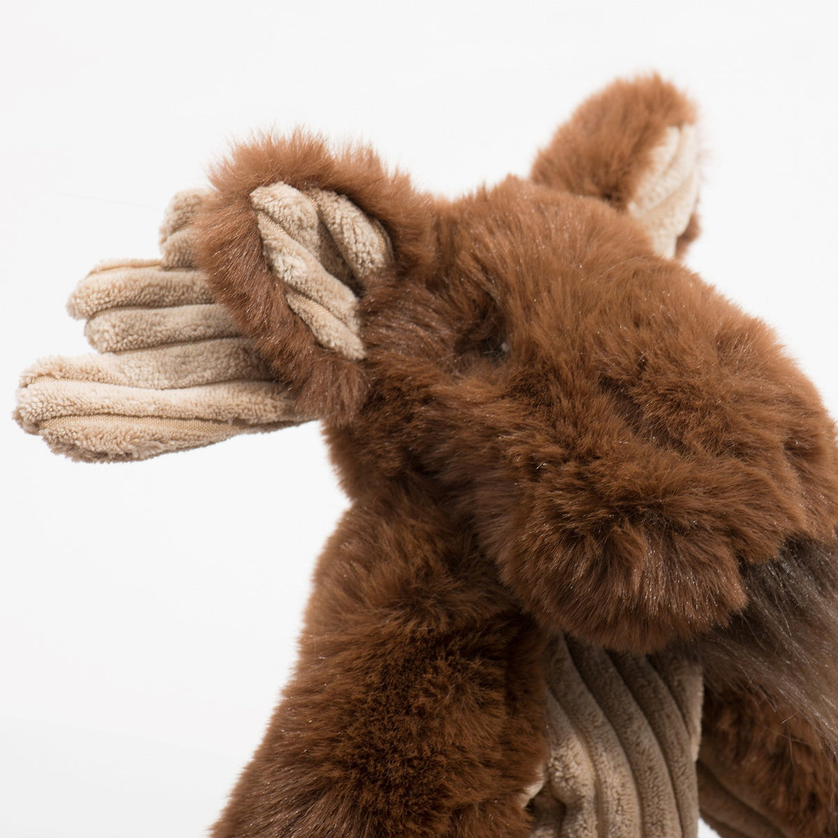 Maple Moose X-Brace plush dog toy close-up, brown moose head with cream ear lining